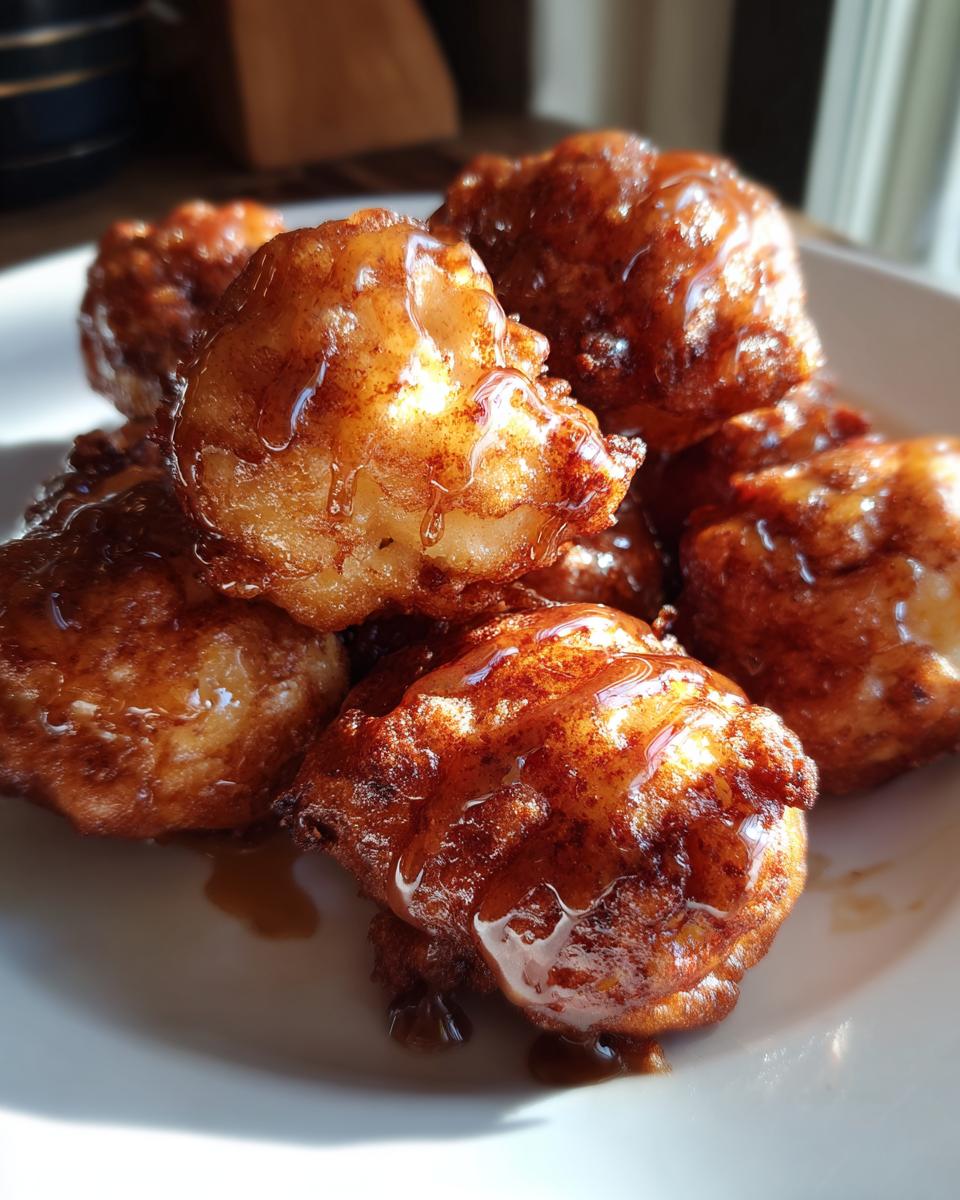 A close-up of a pile of golden brown air fryer apple fritters, glistening with a sweet glaze and sprinkled with cinnamon.