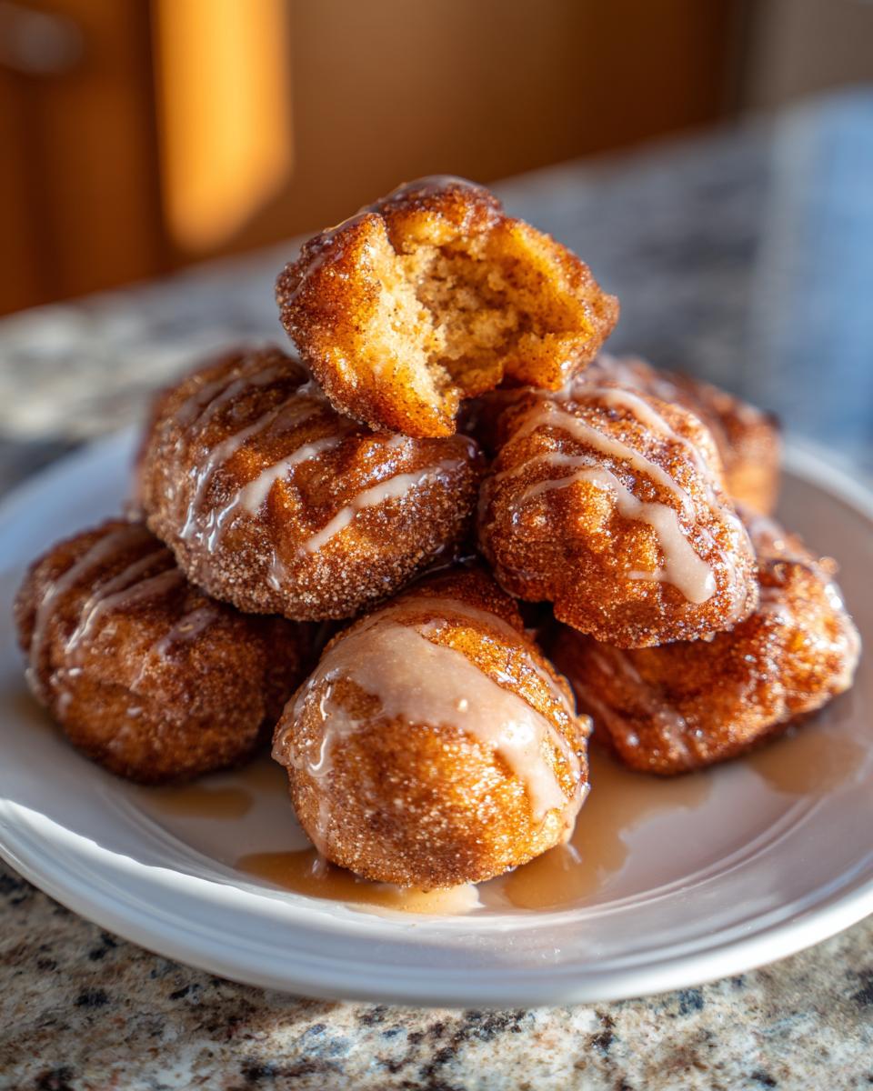 A stack of golden brown air fryer apple fritters, coated in cinnamon sugar and drizzled with a sweet glaze.