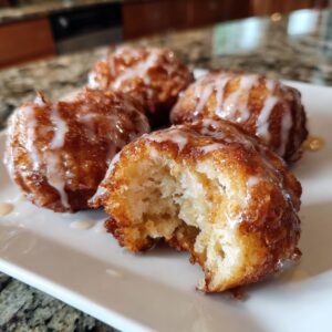 Close-up of four golden-brown air fryer apple fritters drizzled with white glaze on a white plate.