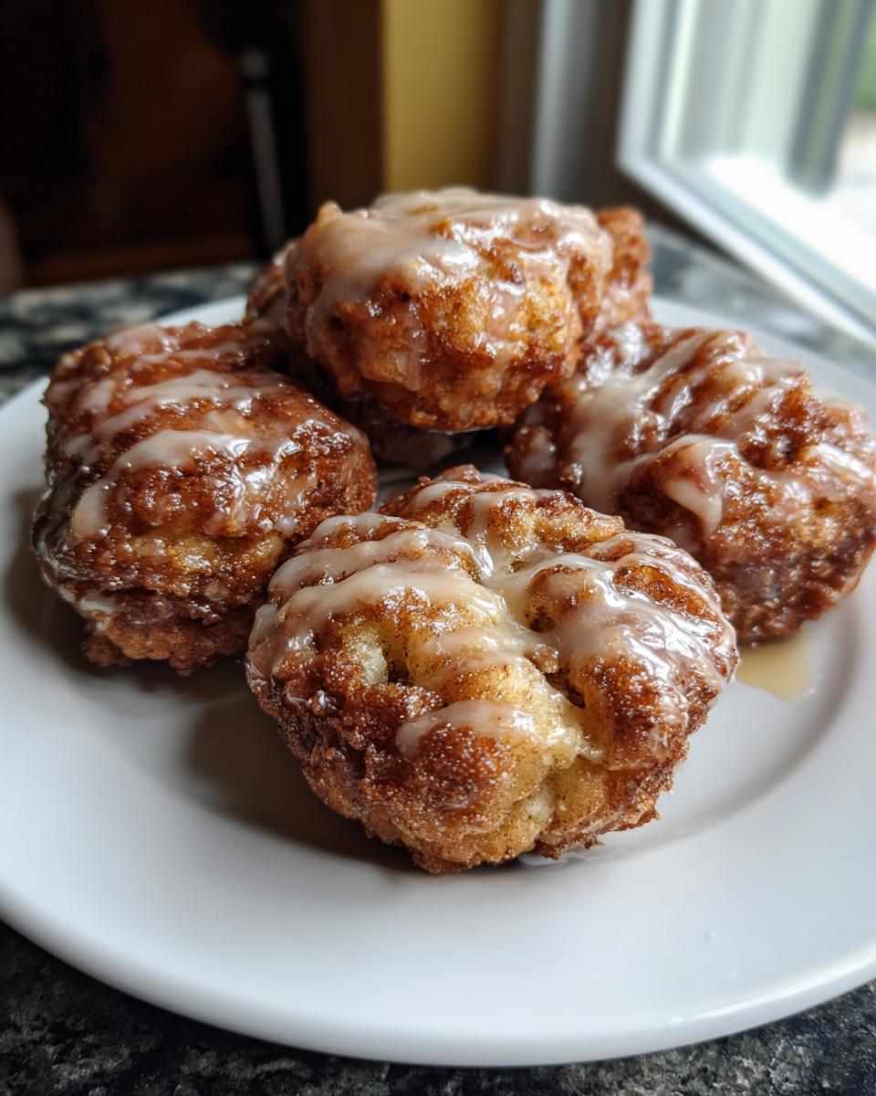 A plate of golden brown air fryer apple fritters drizzled with a sweet glaze.