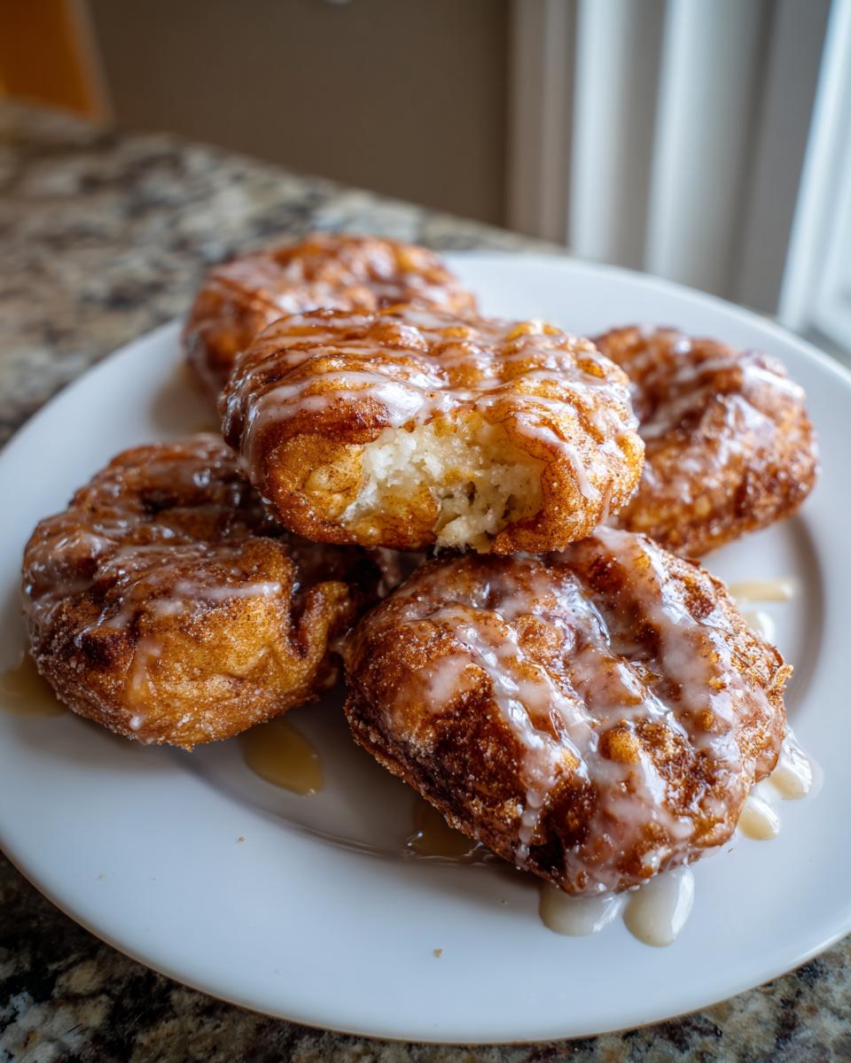A stack of golden brown air fryer apple fritters drizzled with a sweet white glaze.