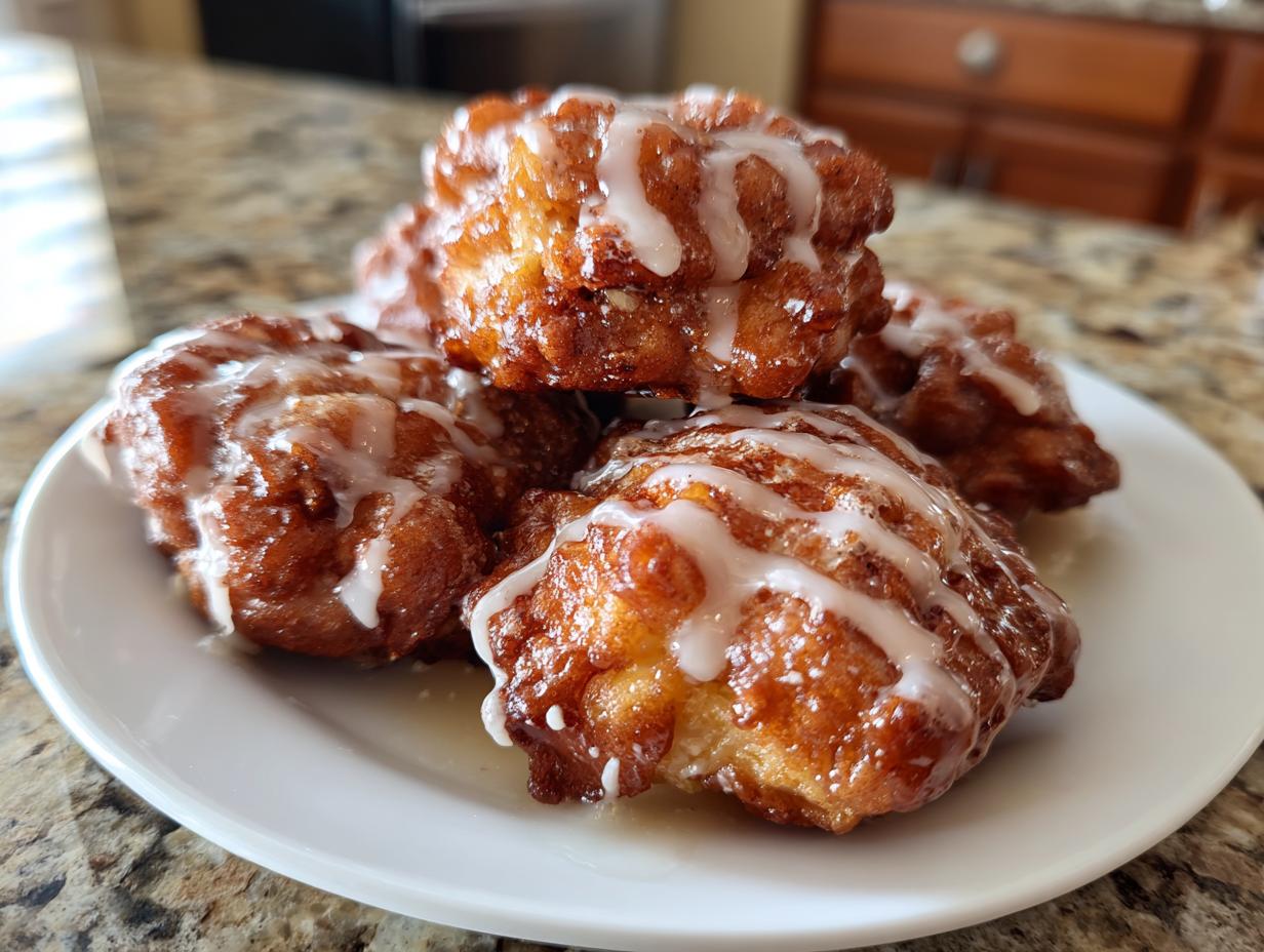 A close-up of golden brown air fryer apple fritters drizzled with a sweet white glaze on a white plate.