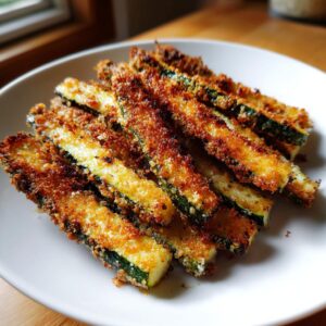 A plate of golden-brown, crispy air fryer zucchini fries, ready to be enjoyed.