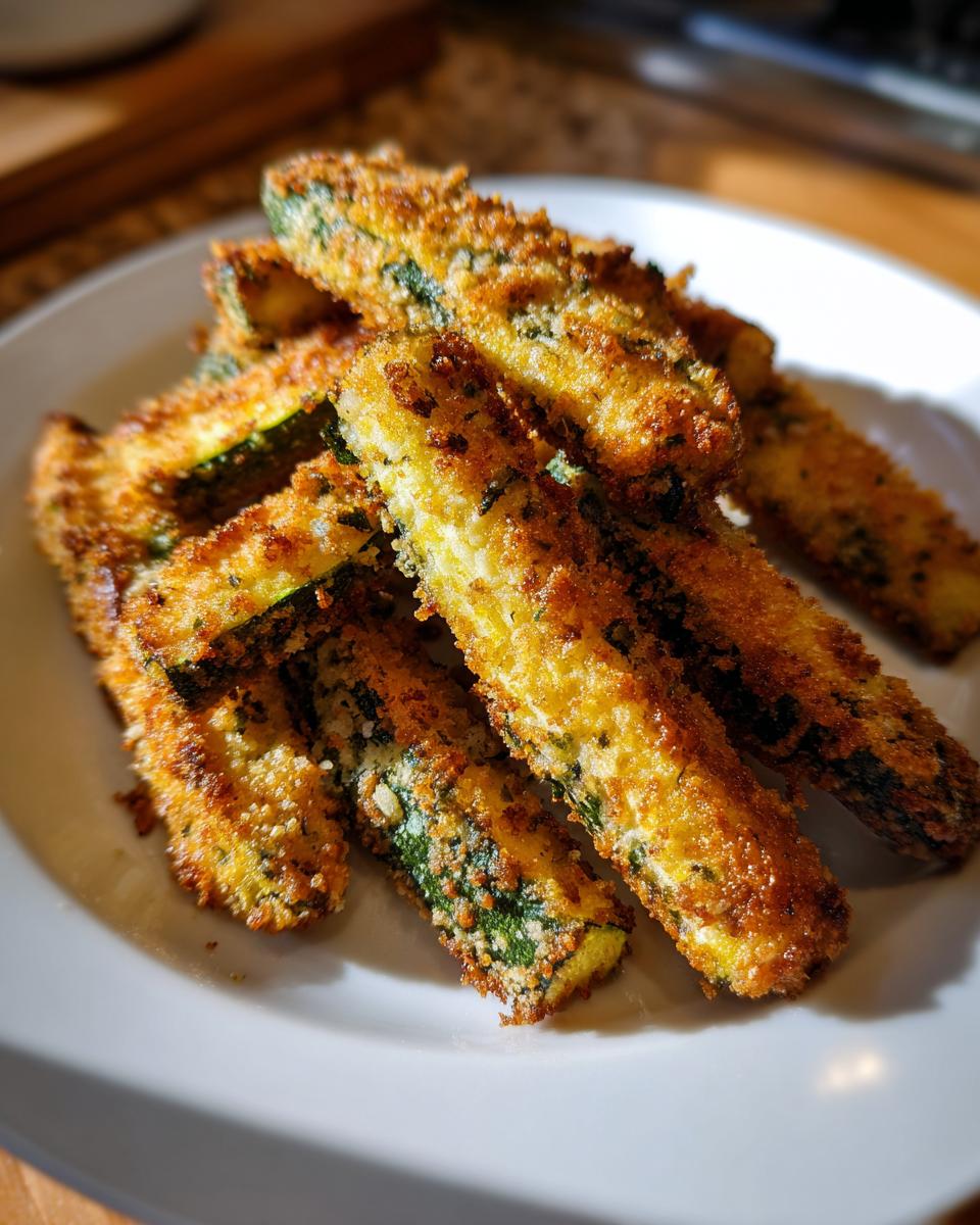 A close-up of golden-brown, crispy air fryer zucchini fries piled on a white plate.