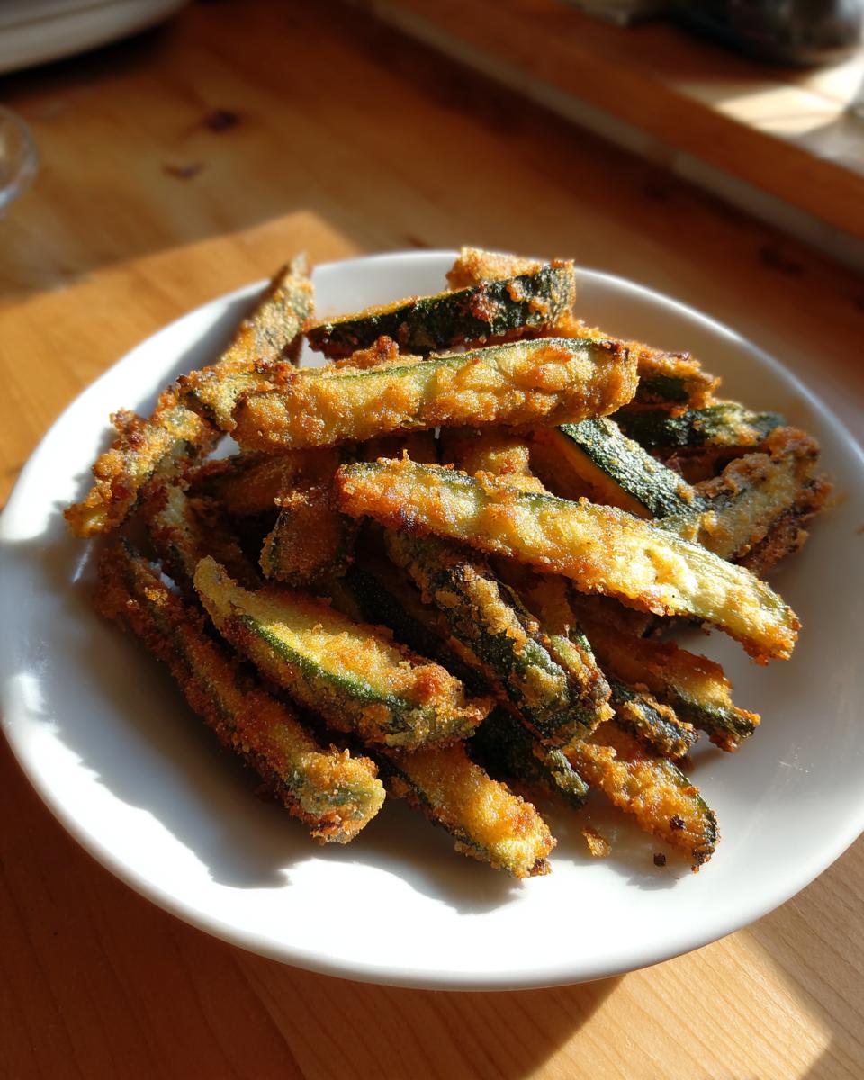 A close-up of golden brown, crispy air fryer zucchini fries piled on a white plate.