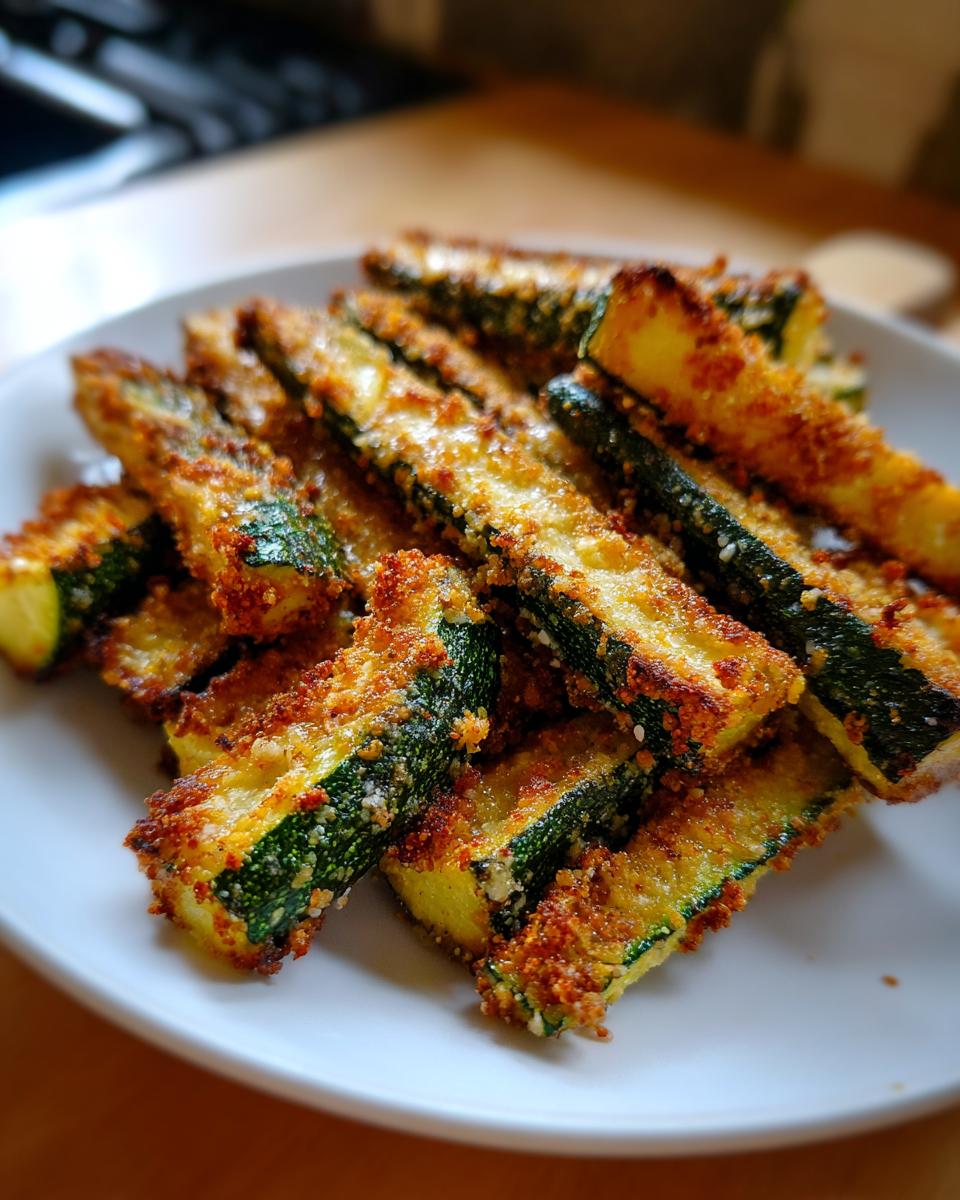 A close-up of crispy air fryer zucchini fries seasoned with breadcrumbs and cheese, piled on a white plate.