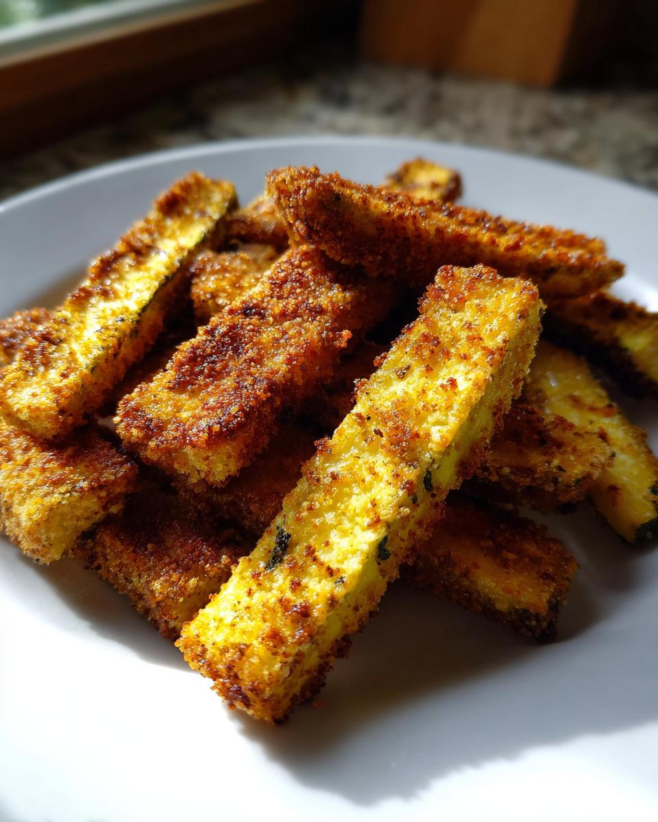 A close-up of a pile of golden-brown air fryer zucchini fries on a white plate.