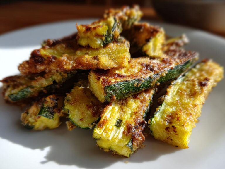 A close-up shot of golden-brown, crispy air fryer zucchini fries piled on a white plate.
