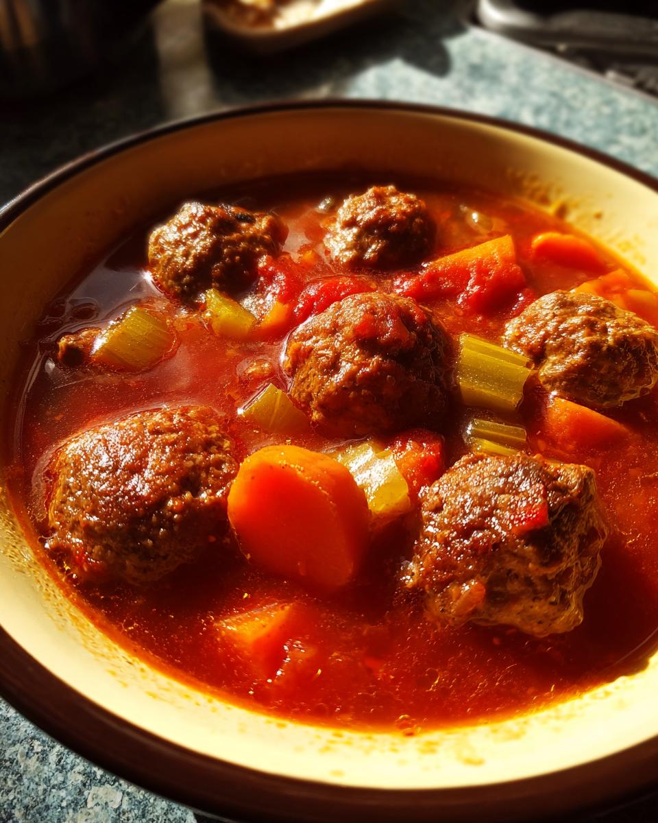 A close-up of a bowl of Albondigas soup, featuring tender meatballs in a rich tomato broth with chunks of carrots and celery.
