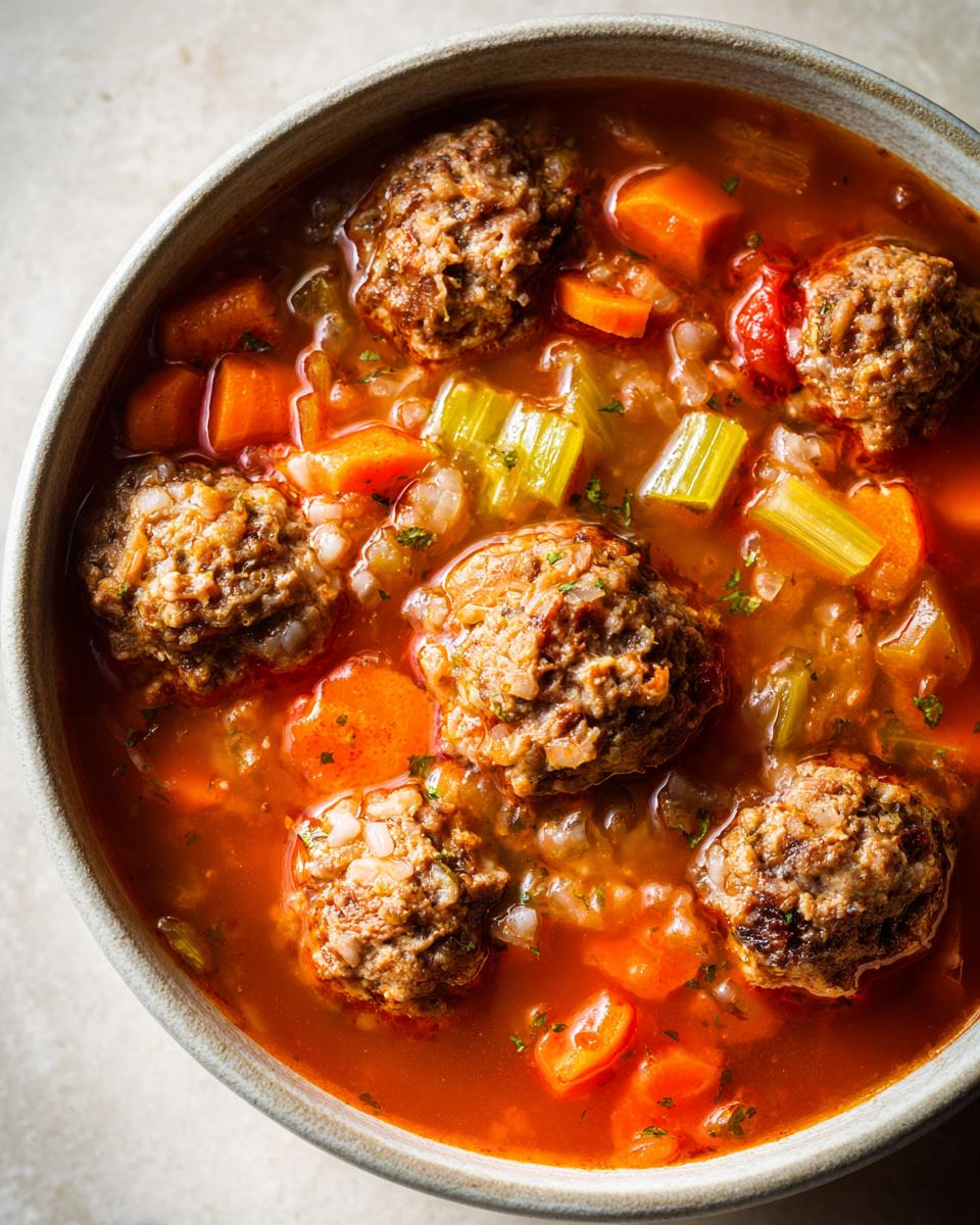 A close-up overhead view of a bowl of hearty Albondigas soup, featuring tender meatballs, carrots, celery, and tomatoes in a rich broth.