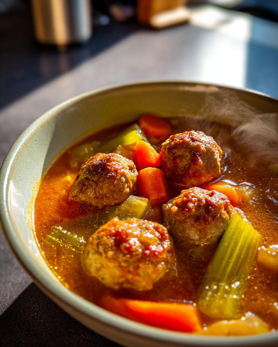 A close-up of a steaming bowl of Albondigas soup, featuring tender meatballs, carrots, and celery in a rich broth.