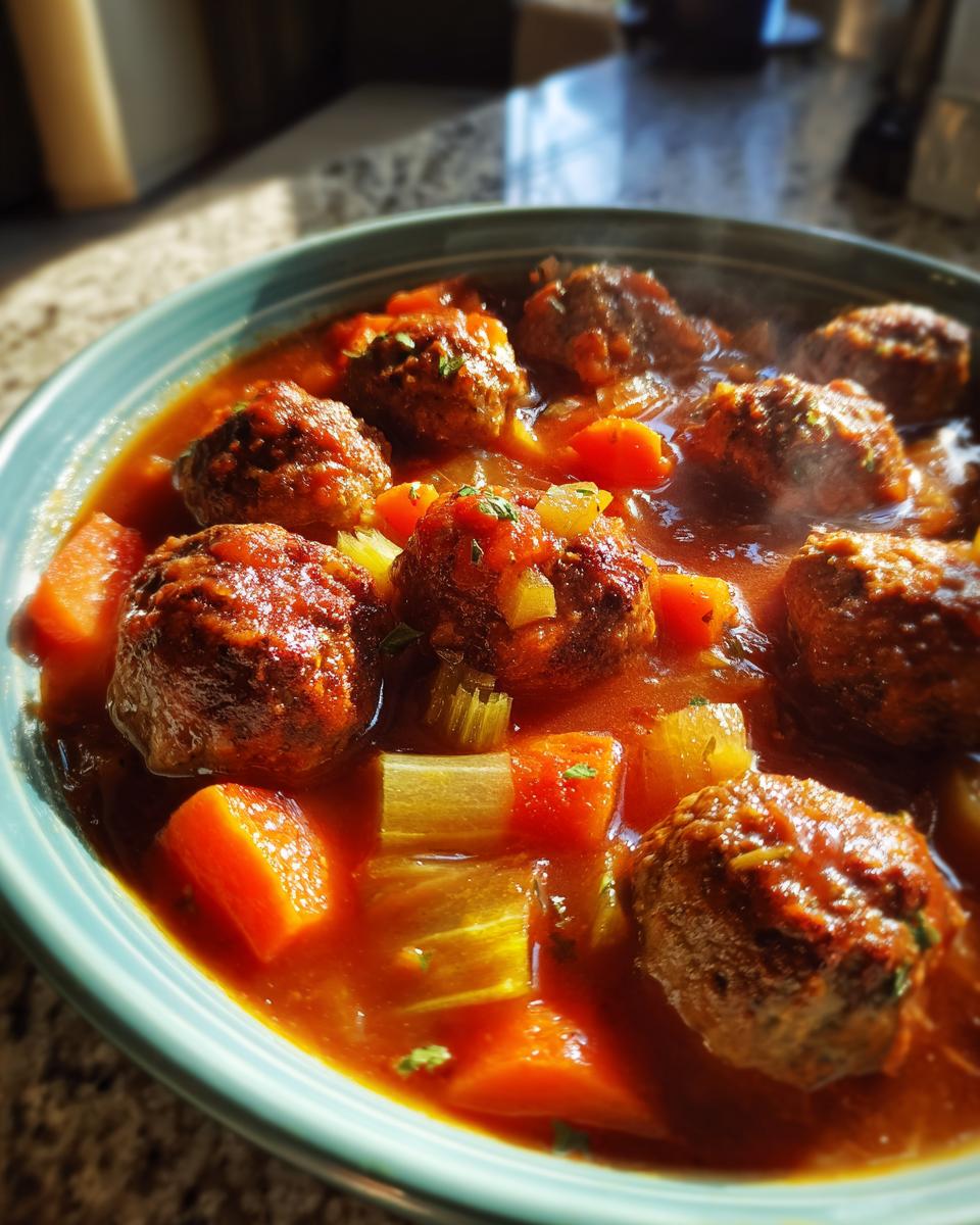 A close-up of a bowl of steaming Albondigas soup, featuring tender meatballs and chunks of carrots and celery in a rich broth.