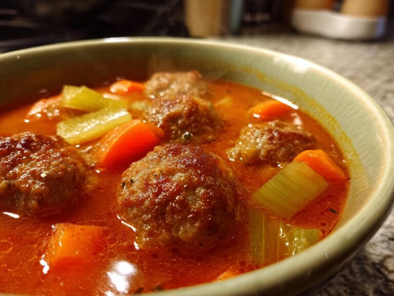 A close-up bowl of steaming Albondigas soup, featuring tender meatballs, carrots, and celery in a rich tomato broth.