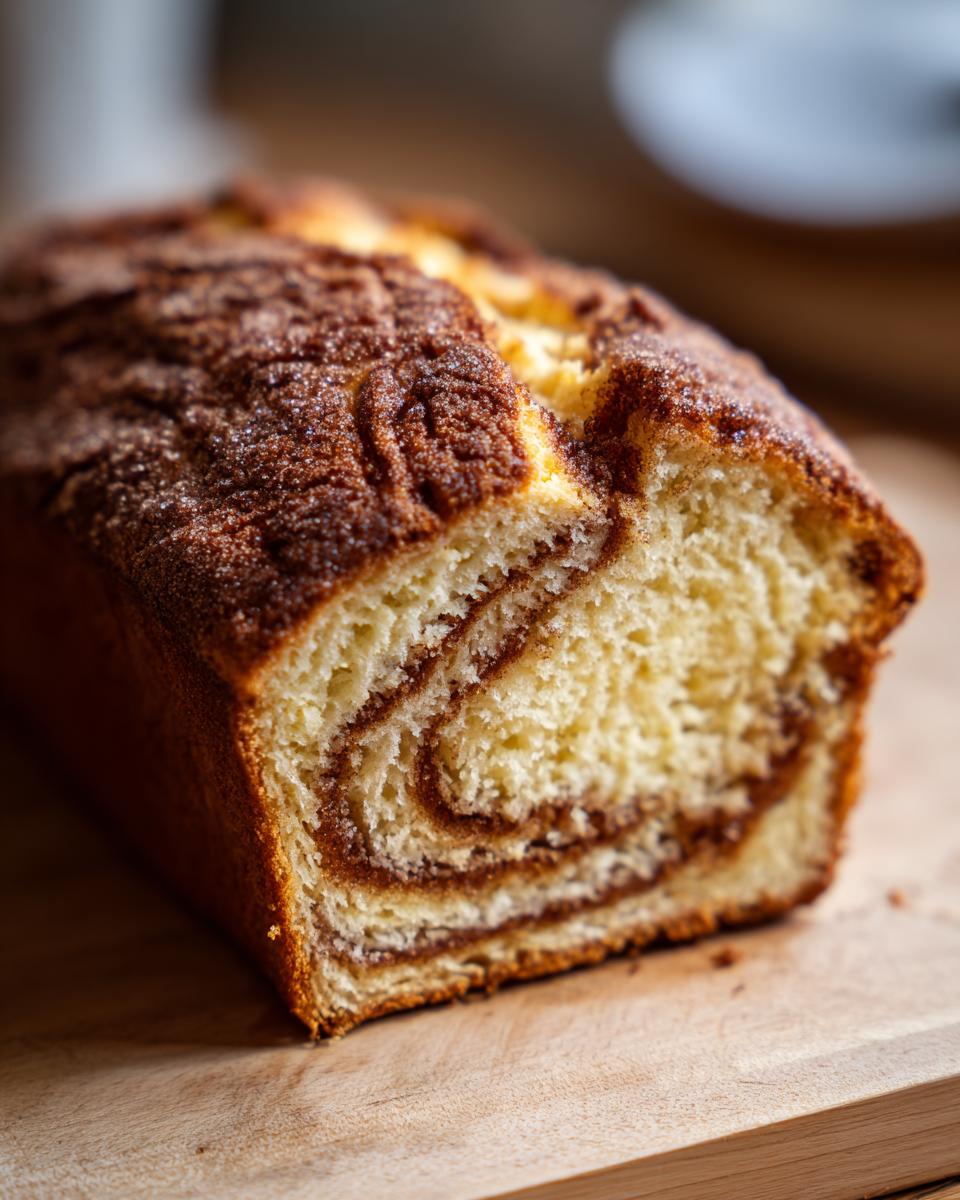 Close-up of a freshly baked Amish cinnamon bread loaf, showcasing its swirled cinnamon filling and crumbly topping.