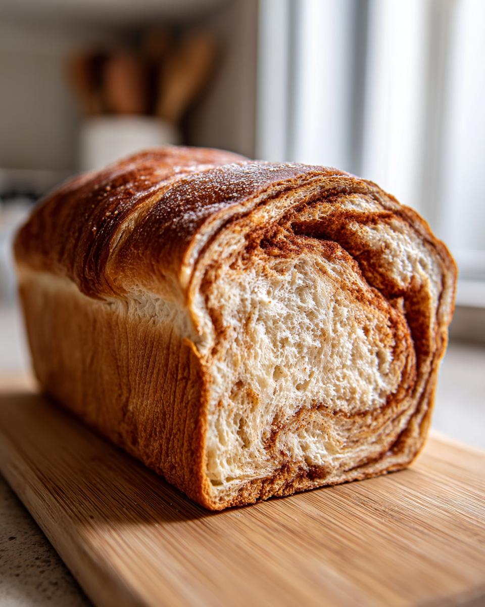 A close-up of a freshly baked Amish cinnamon bread loaf on a wooden cutting board, showcasing its swirled cinnamon filling.