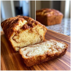 A close-up of a freshly baked Amish cinnamon bread loaf, with one slice cut to reveal the swirled cinnamon filling.