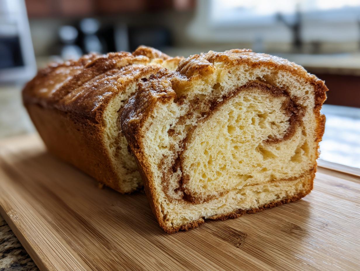 A close-up of a sliced Amish cinnamon bread loaf on a wooden cutting board, showcasing the swirled cinnamon filling.