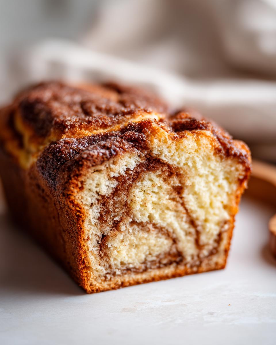 Close-up of a freshly baked Amish cinnamon bread loaf, showcasing its golden crust and cinnamon swirls.