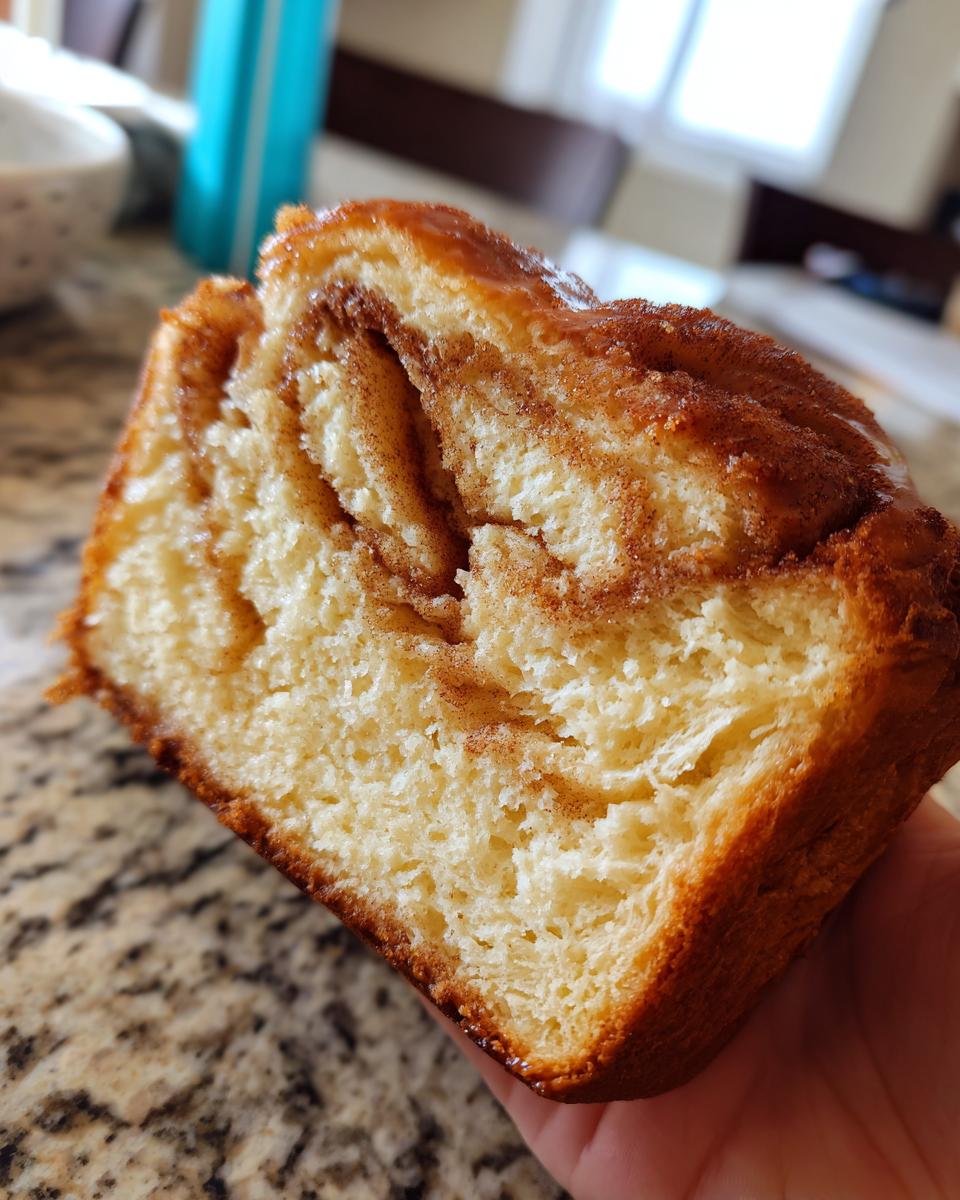 Close-up of a slice of Amish cinnamon bread, showing the soft interior with visible cinnamon swirls and a glossy glaze.