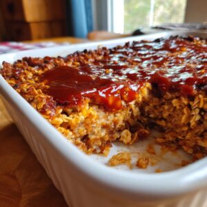 A close-up view of baked Amish Oven BBQ Burgers in a white baking dish, topped with BBQ sauce.