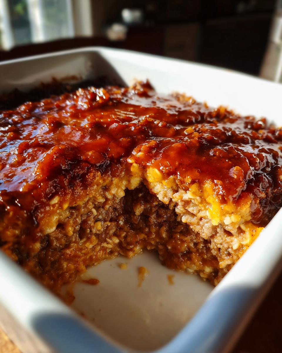 A close-up of a slice missing from a white baking dish filled with Amish Oven BBQ Burgers.