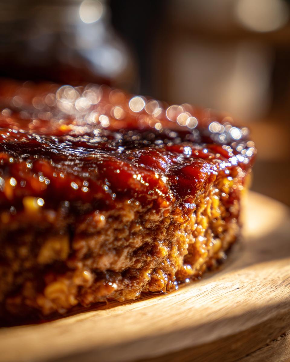 Close-up of a juicy Amish oven BBQ burger with a glistening BBQ sauce topping.