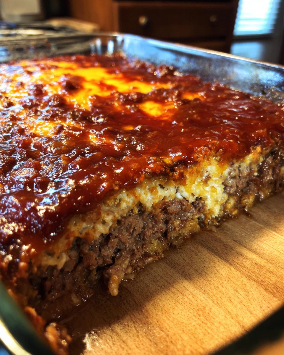 Close-up of a slice of Amish Oven BBQ Burgers in a glass baking dish, topped with BBQ sauce.
