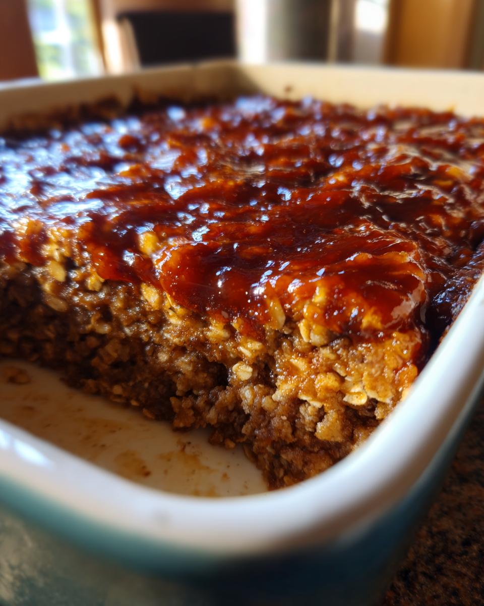 Close-up of a serving dish filled with Amish oven BBQ burgers, topped with a glossy BBQ sauce.