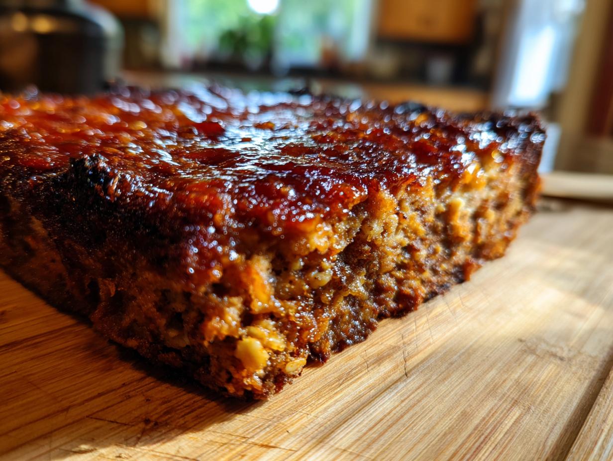 Close-up shot of a slice of Amish Oven BBQ Burgers on a wooden cutting board.