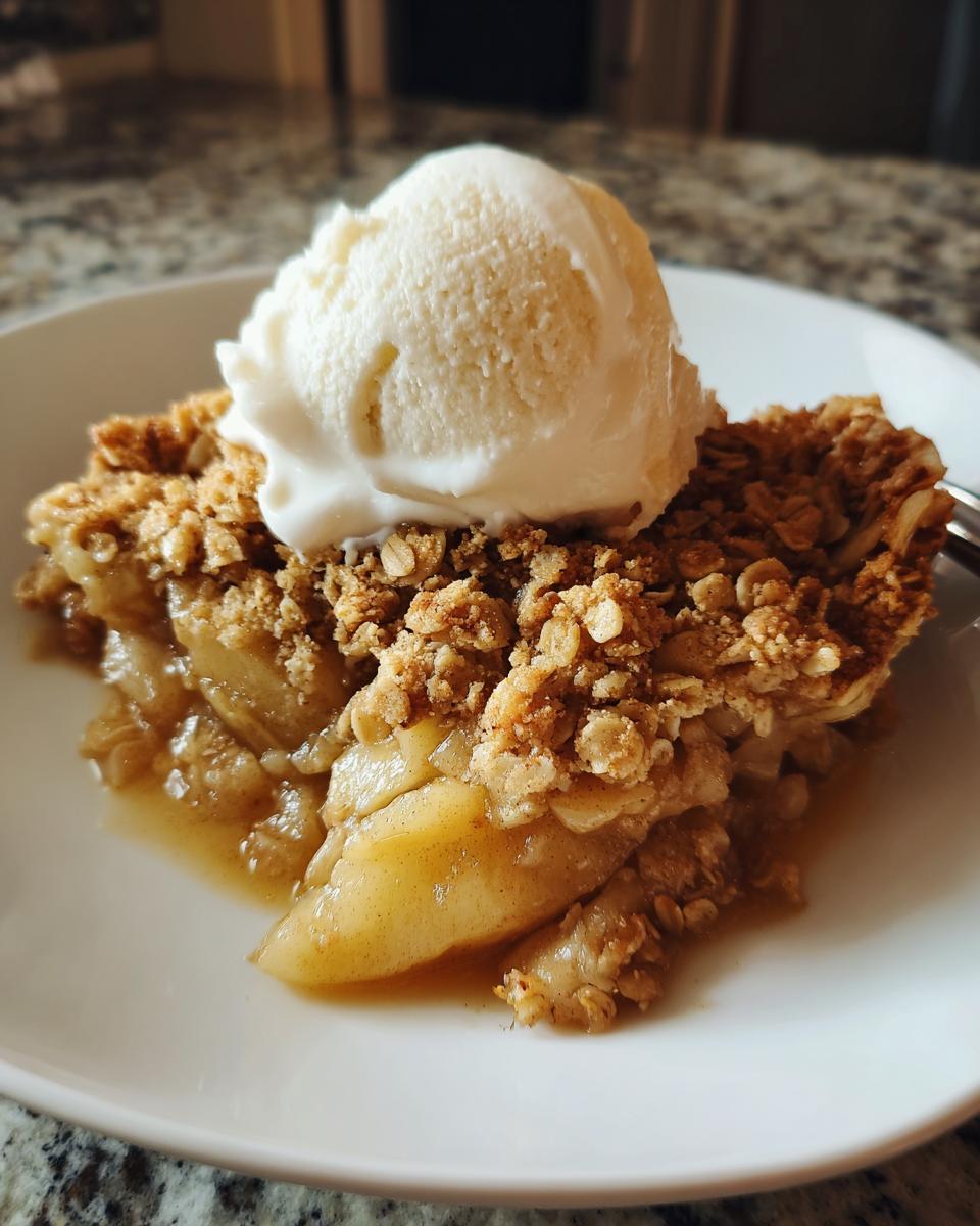 A close-up of a warm slice of apple crisp topped with a scoop of vanilla ice cream on a white plate.