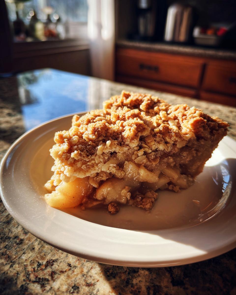 A close-up of a slice of apple crisp on a white plate, showing the baked apple filling and crumb topping.