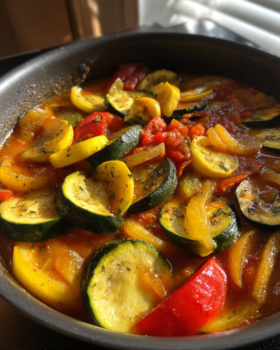 Close-up of authentic ratatouille cooking in a pan, featuring sliced zucchini, yellow squash, bell peppers, and tomatoes.