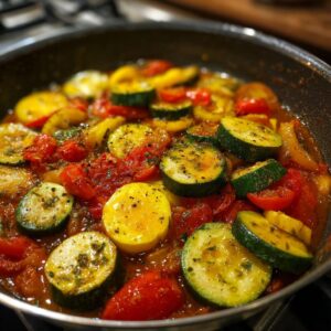 Close-up of authentic Ratatouille cooking in a pan, featuring sliced zucchini, yellow squash, and tomatoes seasoned with herbs.