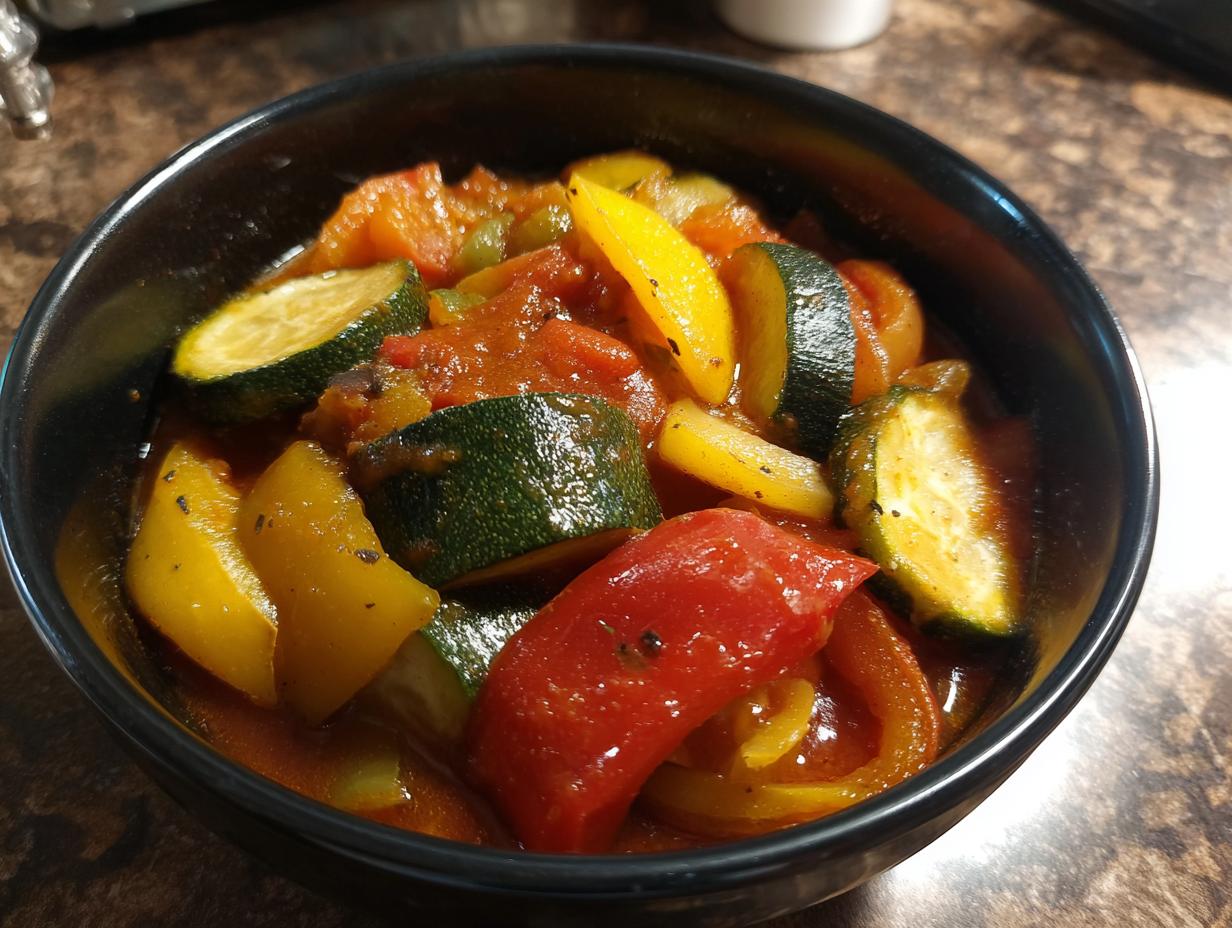 A close-up of a black bowl filled with colorful and flavorful authentic ratatouille, featuring zucchini, bell peppers, and tomatoes.