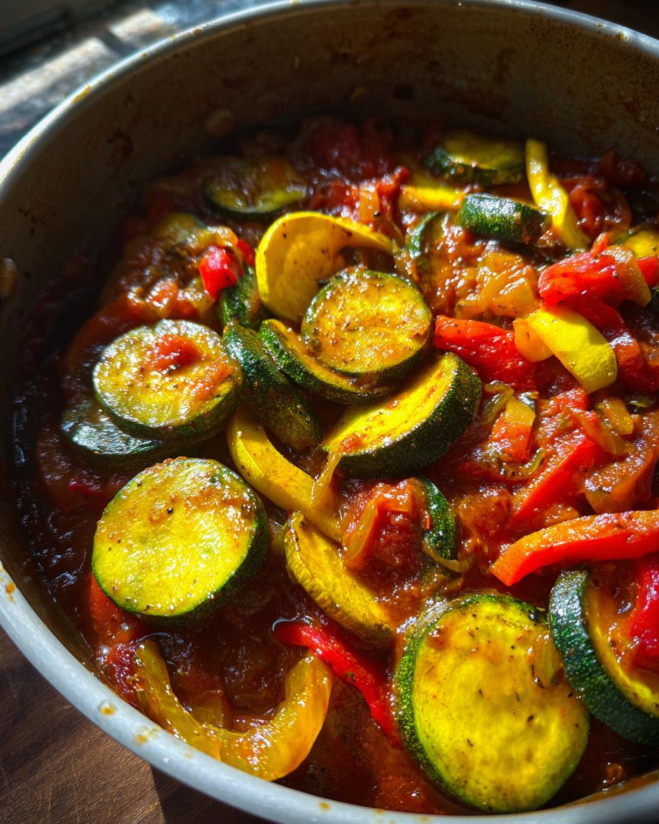 Close-up of a pan filled with authentic ratatouille, featuring sliced zucchini, yellow squash, red and yellow bell peppers in a rich tomato sauce.