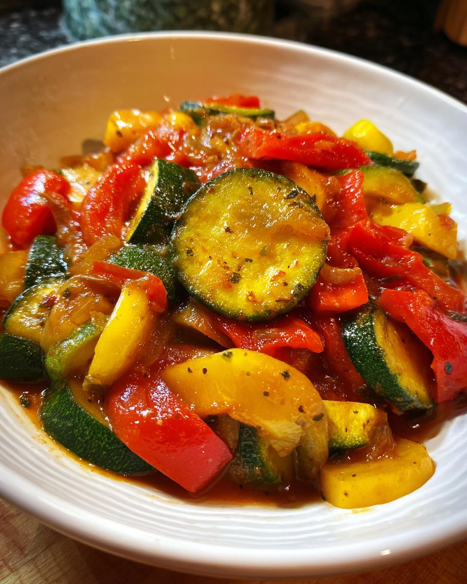 Close-up of a white bowl filled with colorful, tender ratatouille, featuring zucchini, bell peppers, and tomatoes.