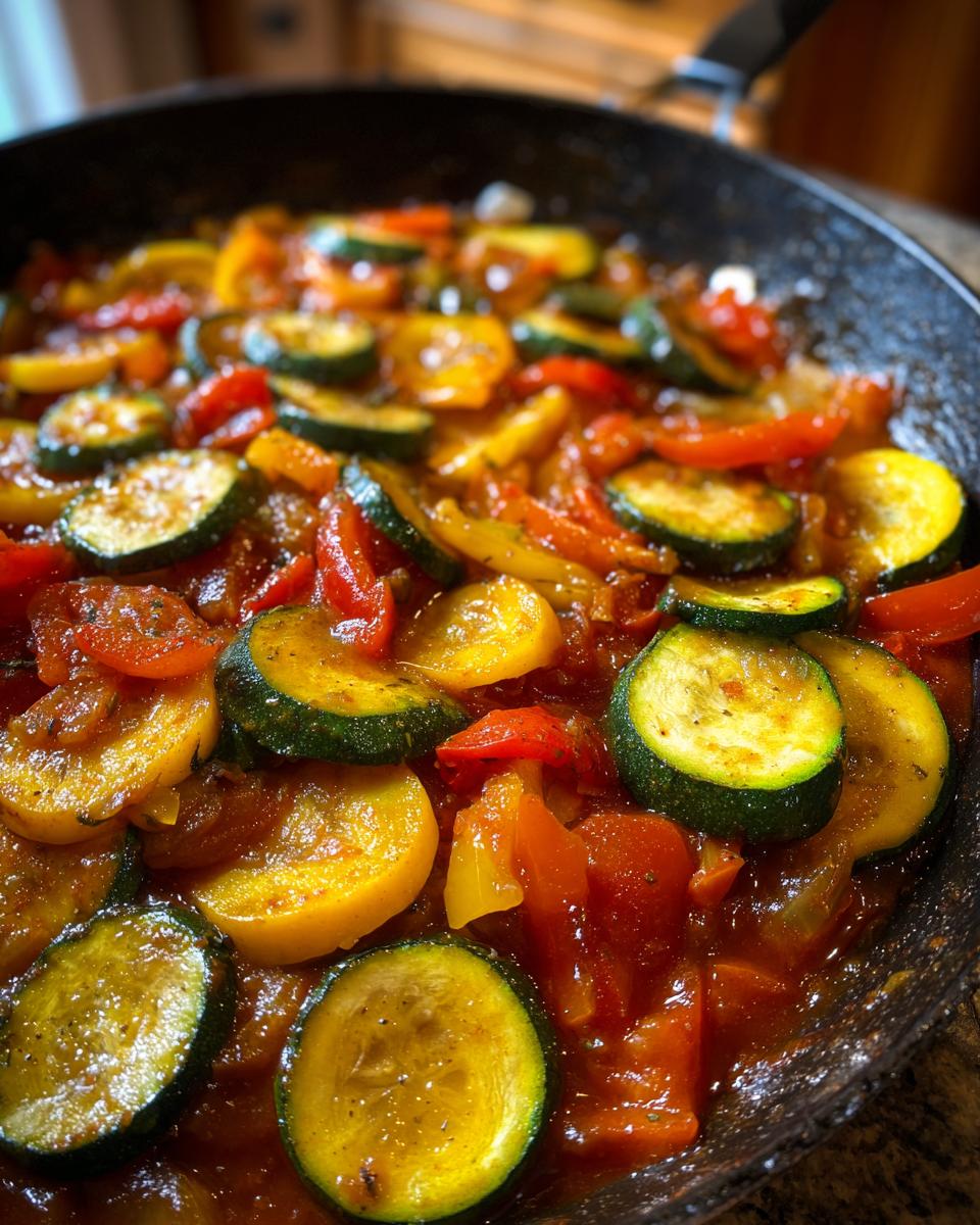 Close-up of authentic ratatouille simmering in a black pan, featuring colorful slices of zucchini, yellow squash, and bell peppers.