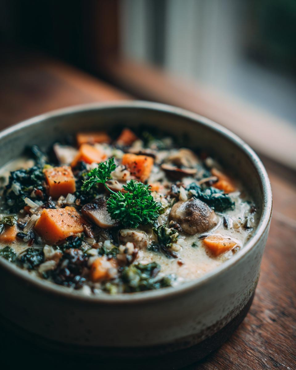 A close-up of a bowl of Autumn wild rice soup, featuring chunks of butternut squash, kale, mushrooms, and wild rice.
