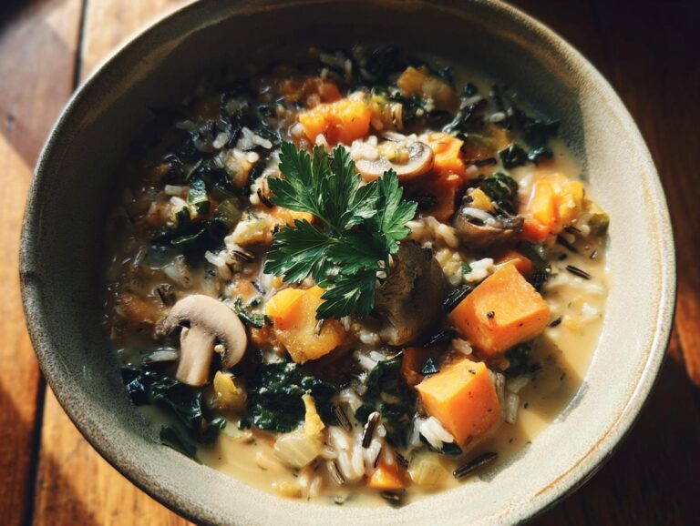 A close-up of a bowl of Autumn wild rice soup, featuring butternut squash, mushrooms, kale, and wild rice.