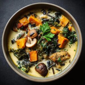 A close-up of a bowl of Autumn wild rice soup, featuring butternut squash, kale, mushrooms, and wild rice.