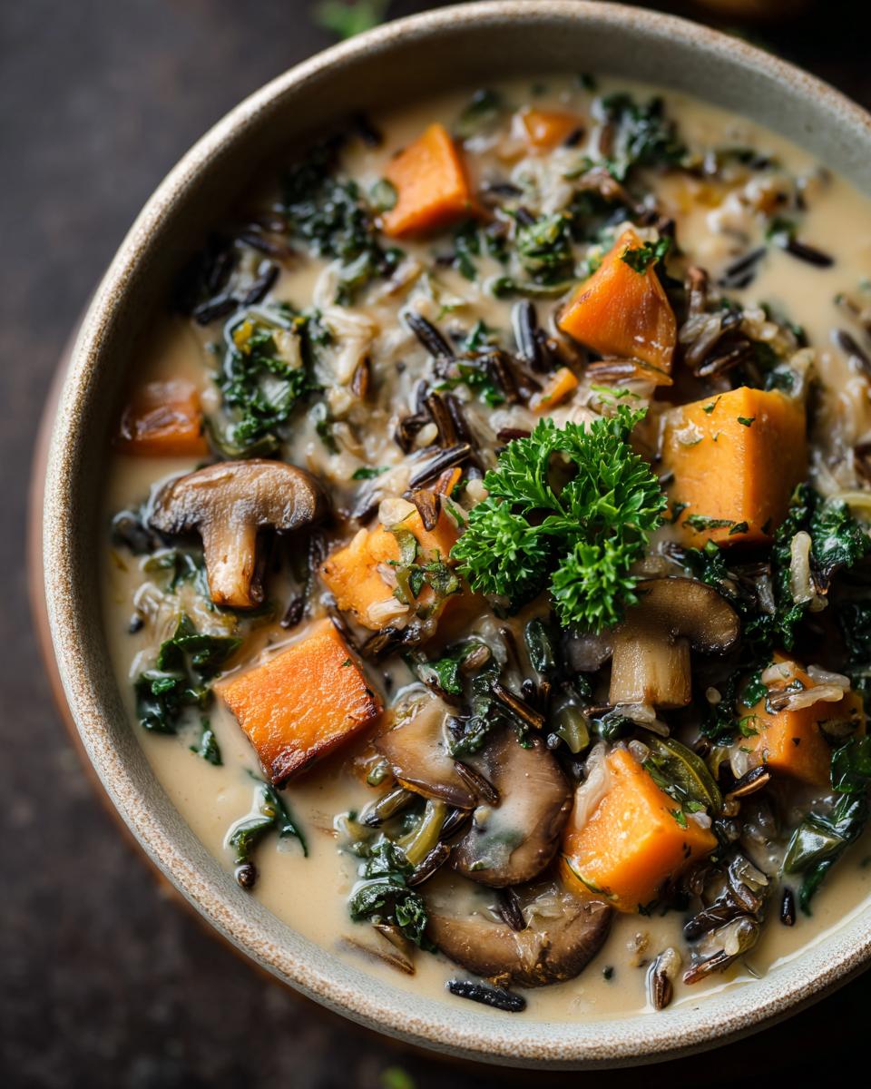 A close-up of a bowl of Autumn wild rice soup, featuring chunks of butternut squash, mushrooms, kale, and wild rice in a creamy broth.