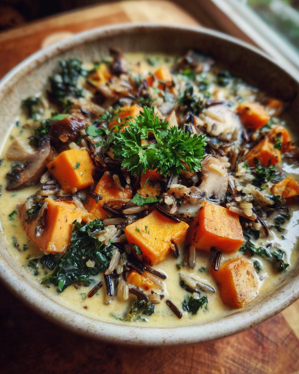A close-up of a hearty bowl of Autumn wild rice soup, featuring butternut squash, mushrooms, kale, and a sprig of parsley.