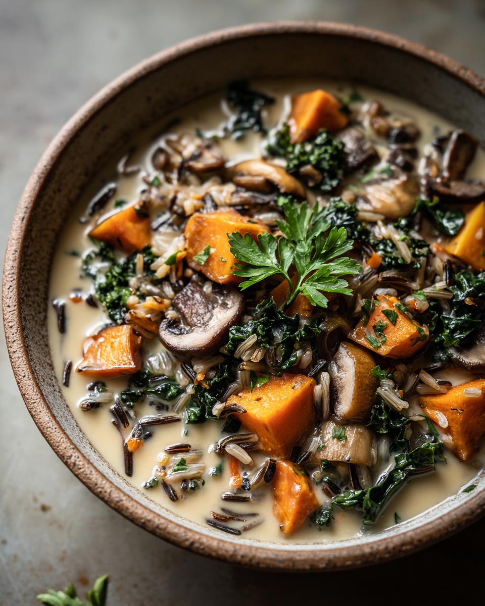 A close-up of a rustic bowl filled with hearty Autumn wild rice soup, featuring chunks of butternut squash, mushrooms, and kale.