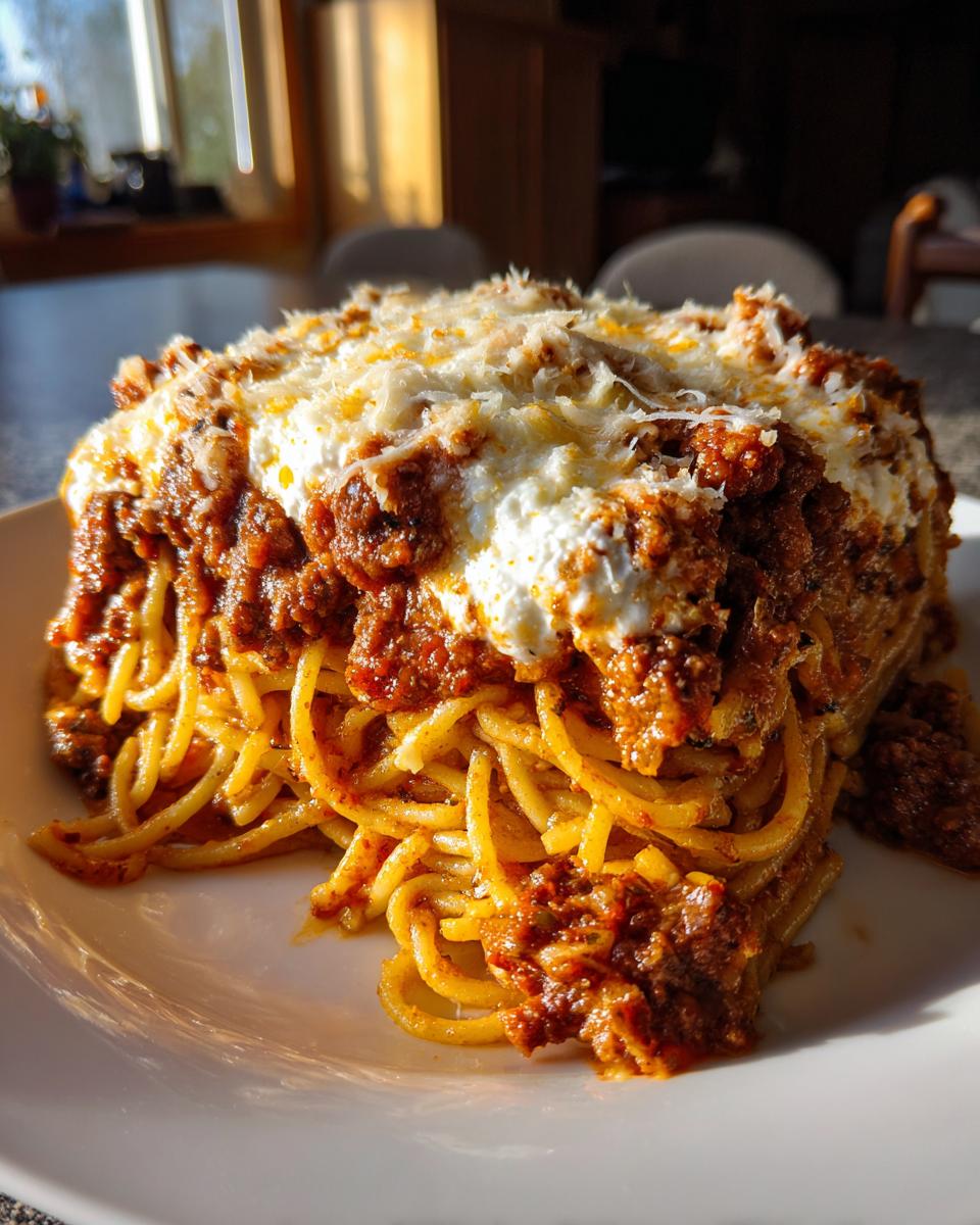 A generous portion of baked cream cheese spaghetti casserole topped with meat sauce and melted cheese.