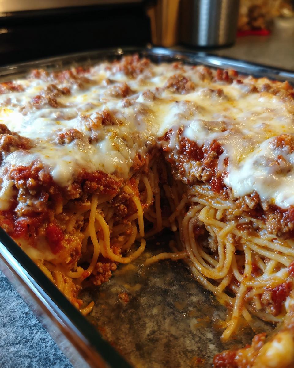 A close-up view of a baked cream cheese spaghetti casserole in a glass dish, showing melted cheese and rich meat sauce.