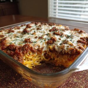A close-up of a baked cream cheese spaghetti casserole in a glass dish, topped with meat sauce and melted cheese.