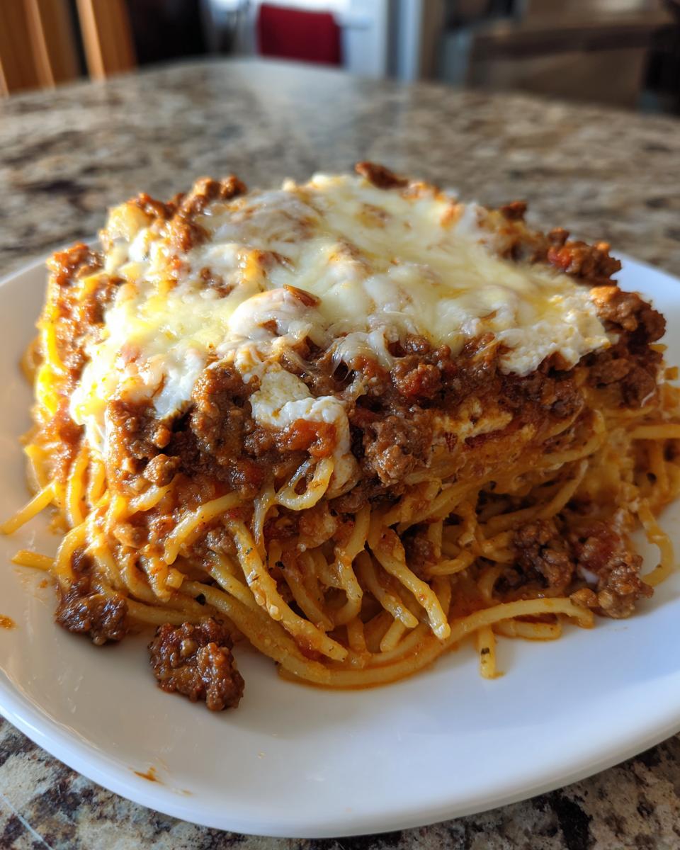 A generous portion of baked cream cheese spaghetti casserole with a rich meat sauce and melted cheese topping.