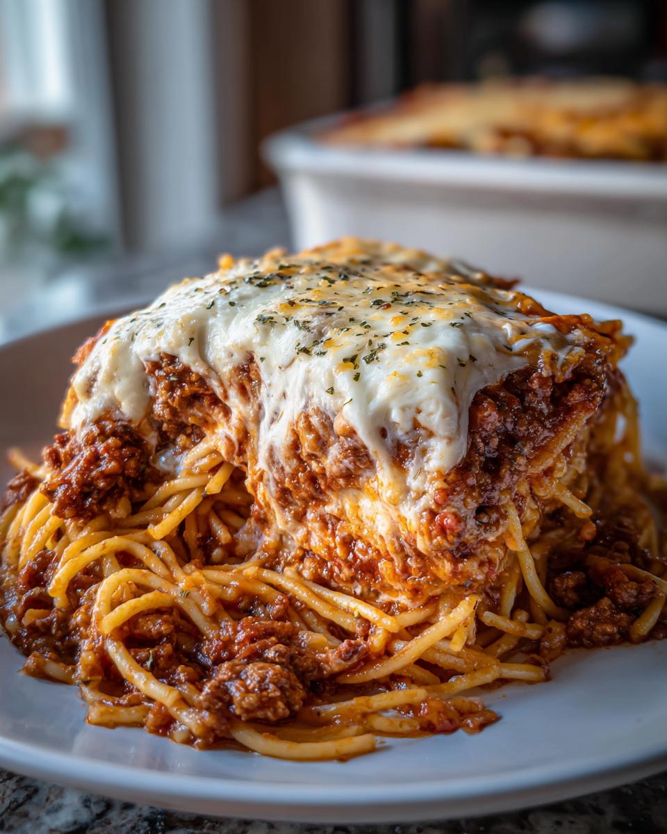A generous slice of baked cream cheese spaghetti casserole, topped with melted cheese and herbs.