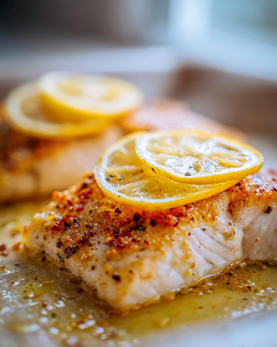 Close-up of a perfectly baked mahi mahi fillet topped with lemon slices and seasoned crust.