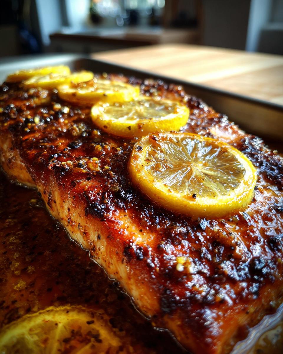 Close-up of a baked mahi mahi fillet topped with lemon slices and a glossy glaze.
